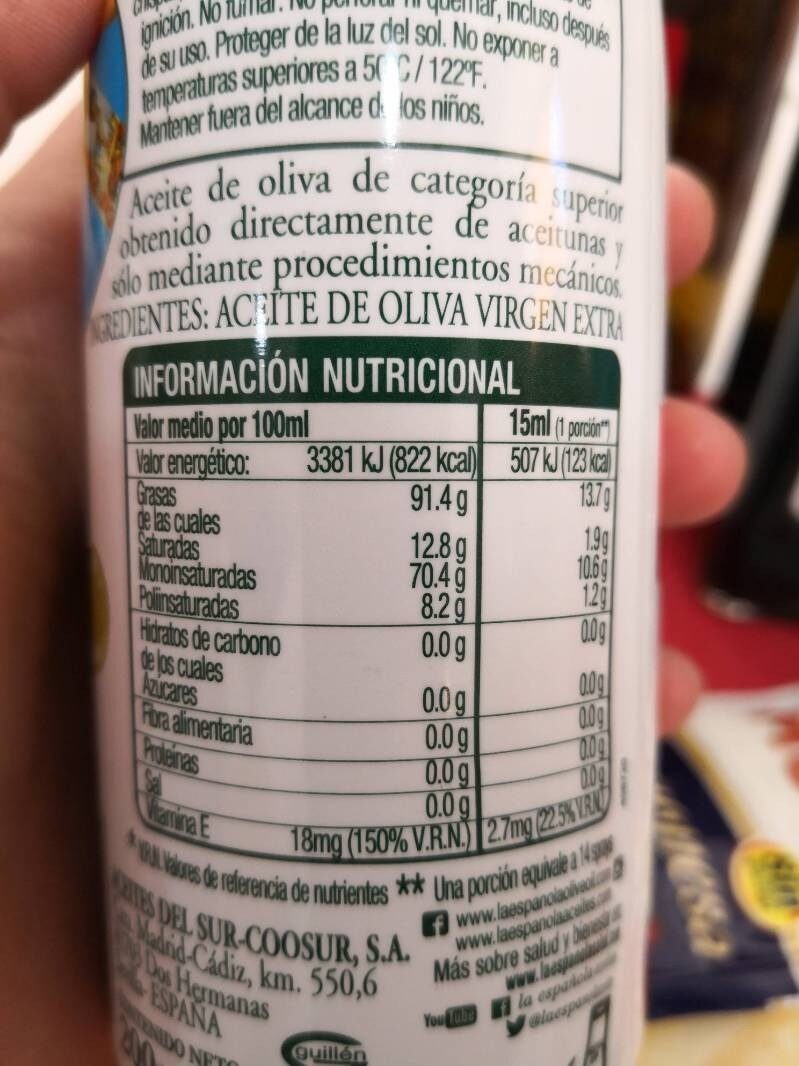 Aceite de oliva virgen extra spray 200 ml - Informació nutricional - fr