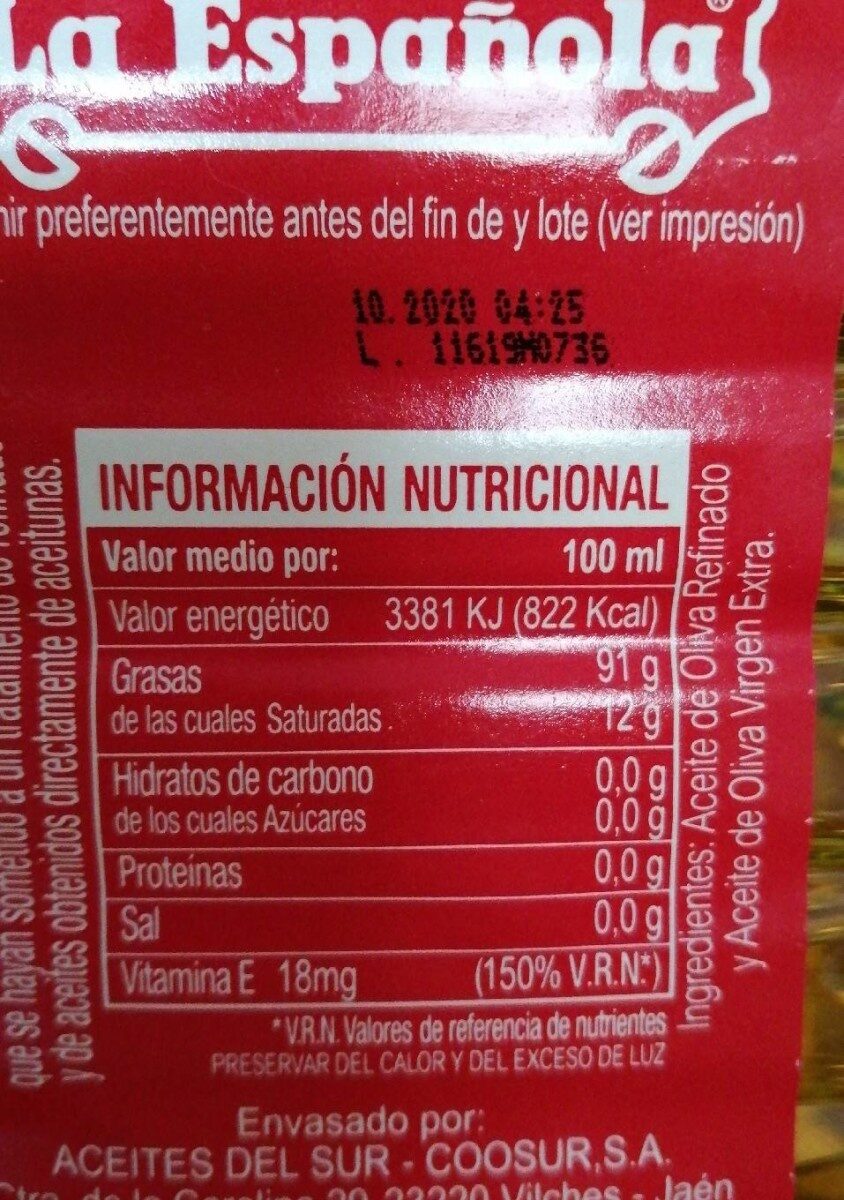 Aceite de oliva - Informació nutricional - es