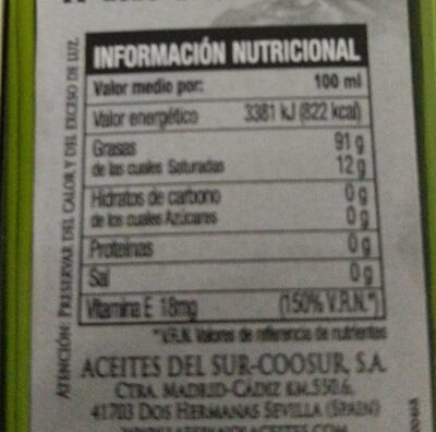 Aceite de oliva virgen extra a la albahaca - Informació nutricional - fr
