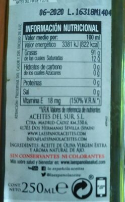 Aceite de oliva virgen extra al ajo botella 250 ml - Informació nutricional - es