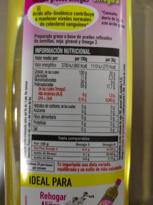 Soy plus aceite con omega 3 - Informació nutricional - es
