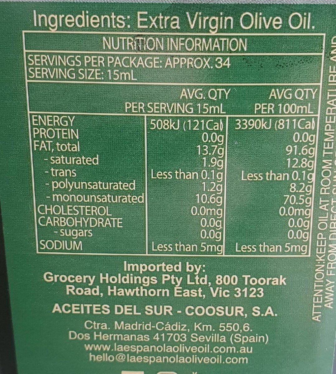 La Espanola Extra Virgin Olive Oil - Nutrition facts
