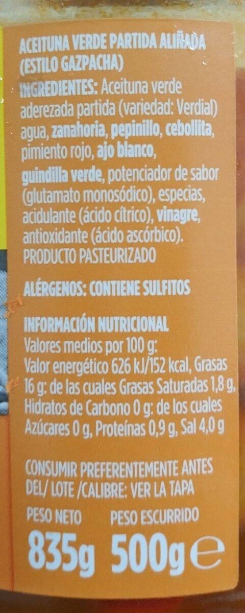 Aceituna verde verdial partida gazpacha - Nutrition facts - fr