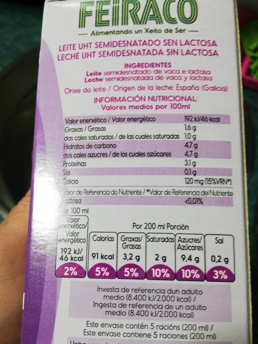 Leche feiraco sin lactosa - Informació nutricional - es