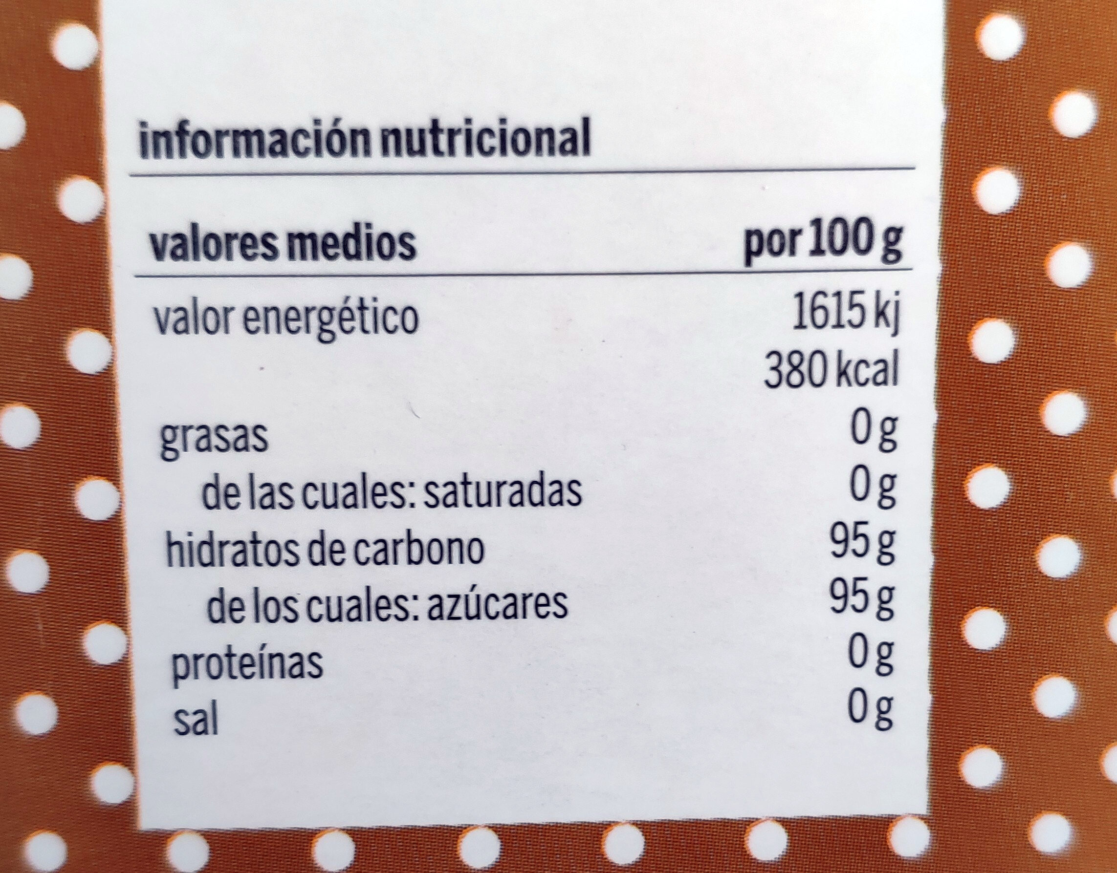 Azúcar moreno de caña integral no refinado - Información nutricional