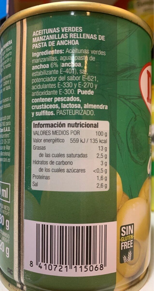 Aceitunas rellenas de anchoas - Nutrition facts - es