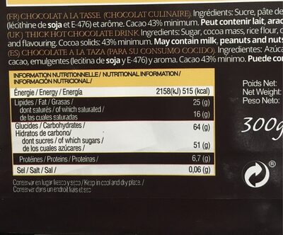 Chocolat à la tasse - Nutrition facts - fr
