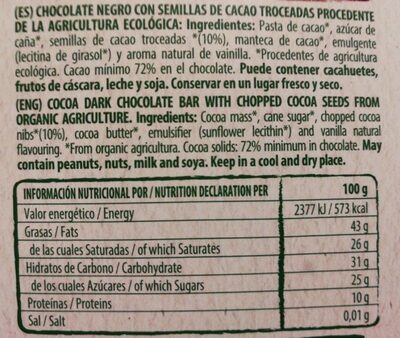 Chocolate negro con nibs 72% cacao - Informació nutricional - es
