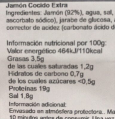 Delizias jamón cocido extra lonchas sin gluten sin lactosa - Información nutricional