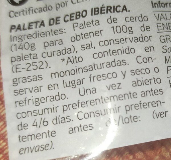 Paleta de cebo iberica 50% raza iberica - Ingredients - es