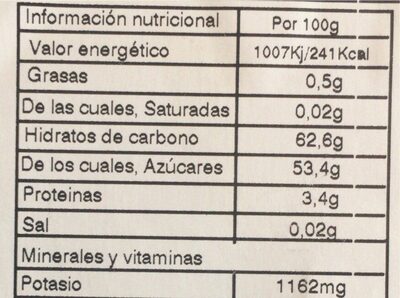 Orejón de albaricoque - Información nutricional