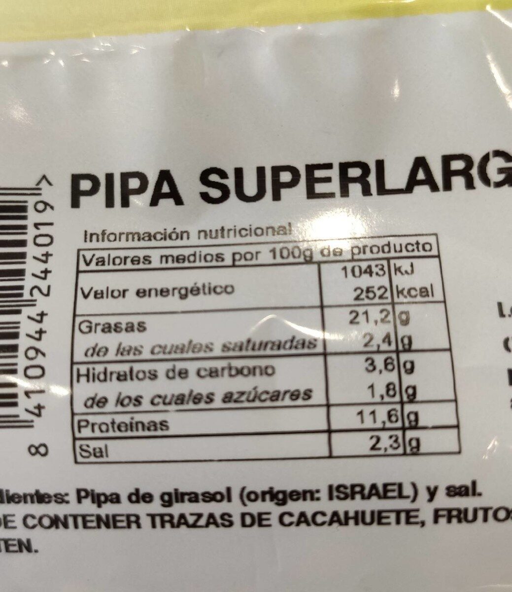 Pipa superlarga - Informació nutricional - es