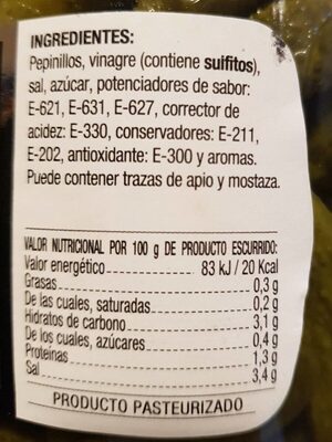 Pepinillos pequeños sabor a anchoa suave frasco 425 g - Nutrition facts - es
