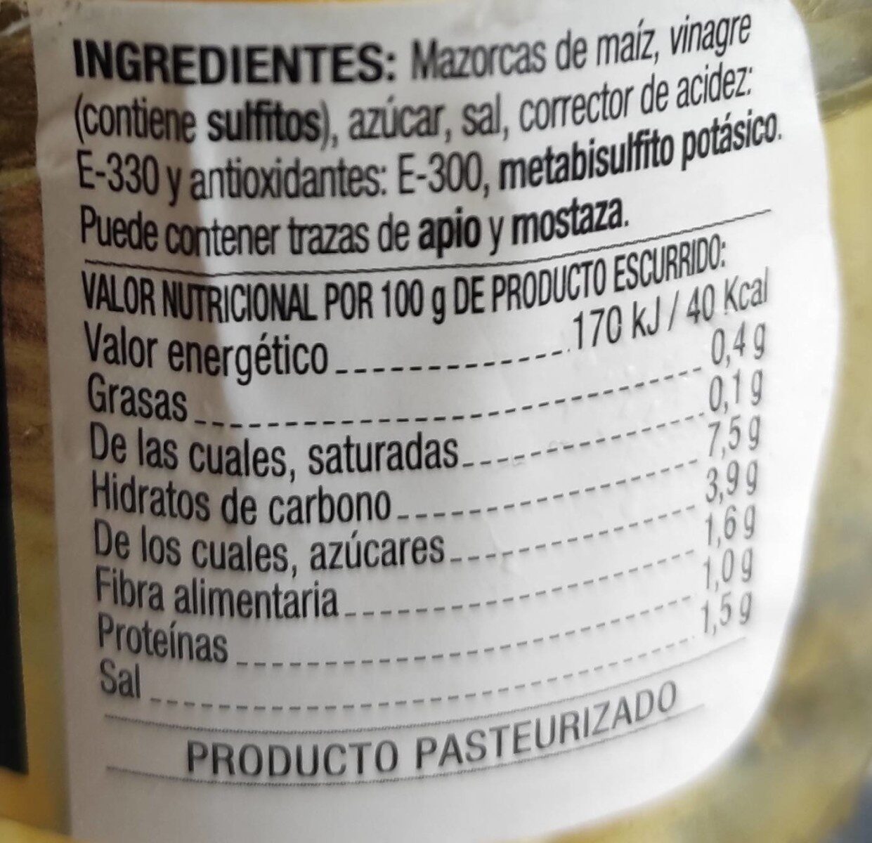 Rioverde Mazorquitas Maiz 170 g - Información nutricional