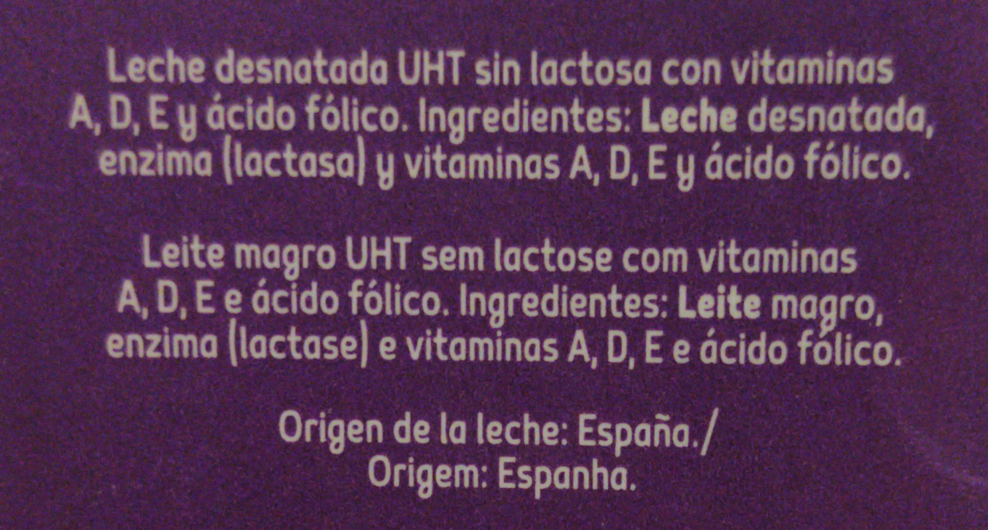 Leche desnatada sin lactosa - Ingredientes