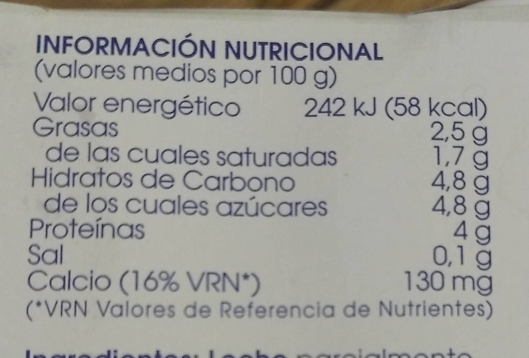 Yogur natural - Nutrition facts - es