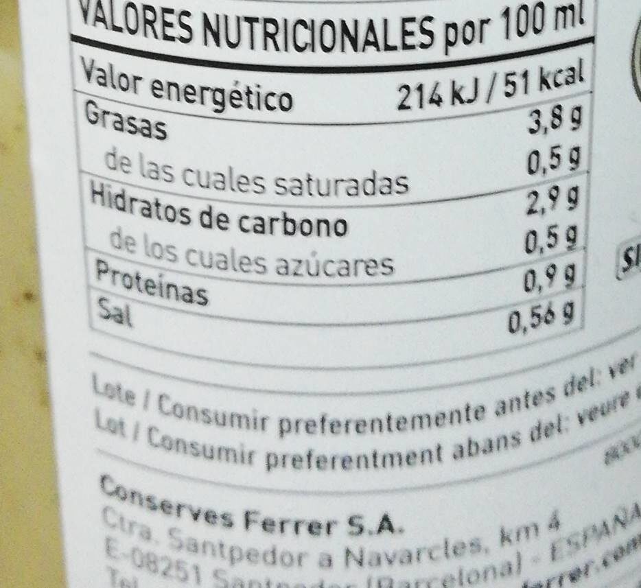 Crema de calabacín con aceite de oliva - Información nutricional
