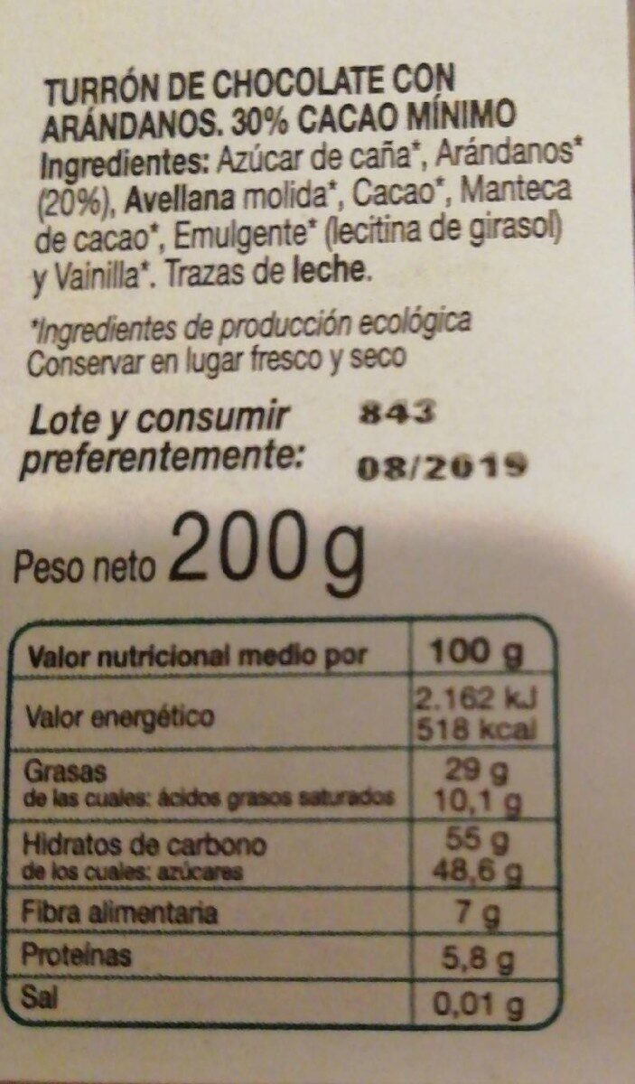 Turrón De Chocolate Con Arándanos Solé - Nutrition facts - fr