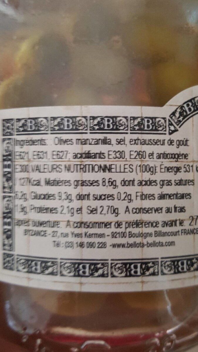 Olives manzanilla denoyautees - Nutrition facts - fr