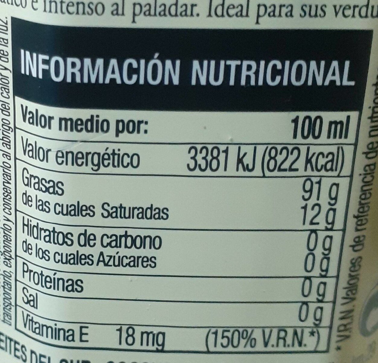 Aceite de oliva virgen extra picual - Información nutricional