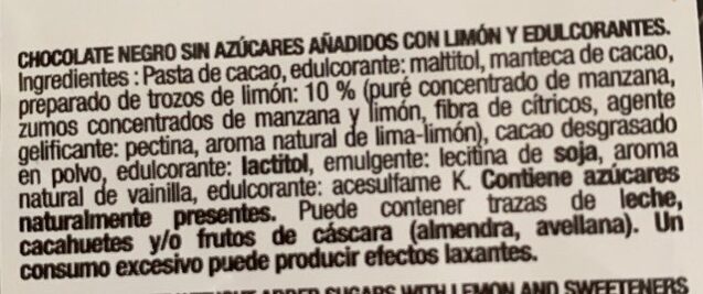 Chocolate extrafino negro 70% con limón sin azúcares - Ingredients - es