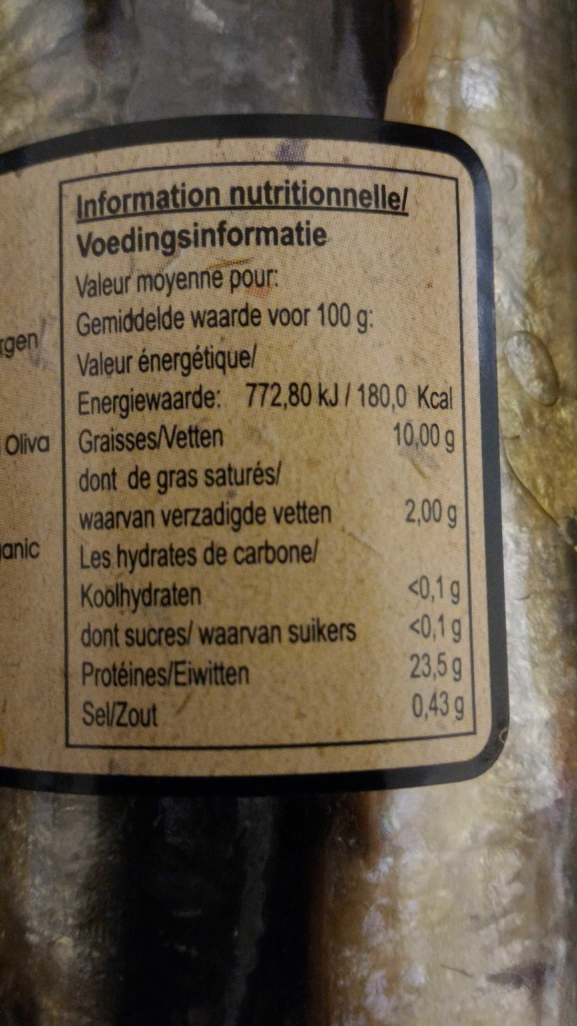 PESASUR Sardines à l'huile d'olive vierge extra biologique - Tableau nutritionnel - en