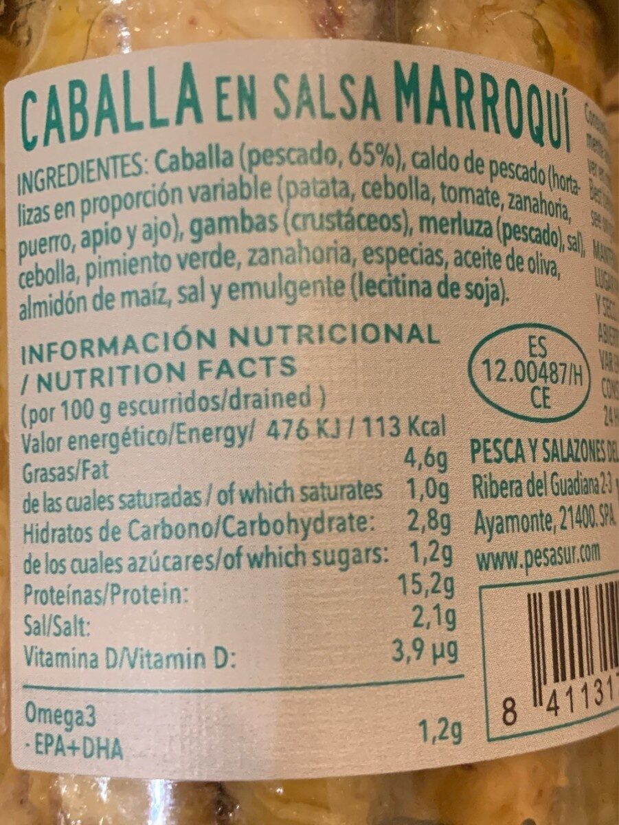 Caballa en salsa marroquí - Información nutricional