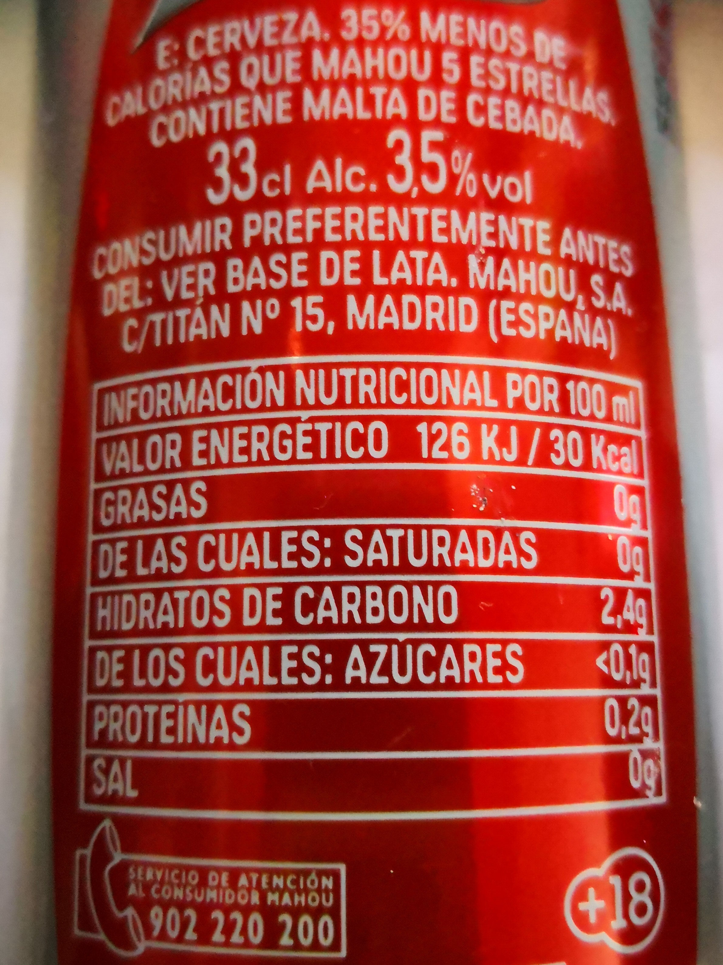 Cerveza Mahou premium Light - Ingredients - es
