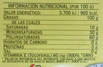 Aceite Refinado Girasol vitamine E - Información nutricional