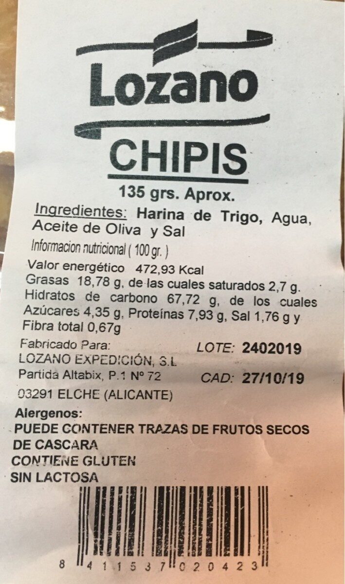 Chipis - Nutrition facts - es