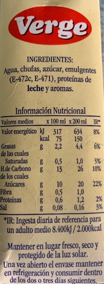 Horchata de chufa verge - Informació nutricional - es