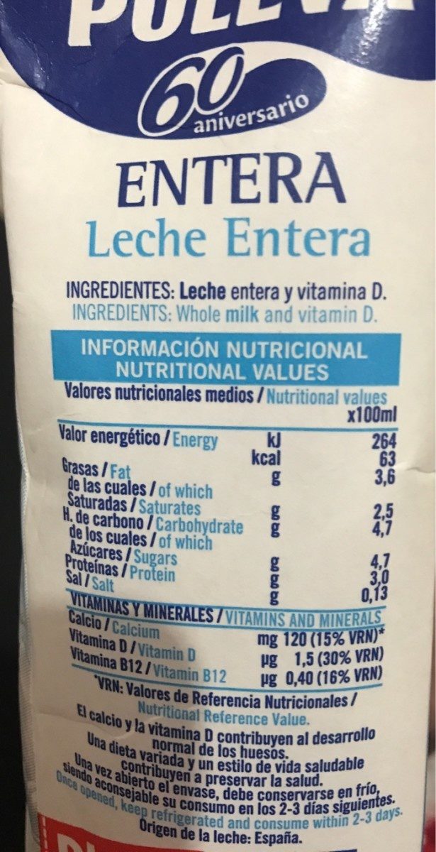 Leche entera - Ingredientes