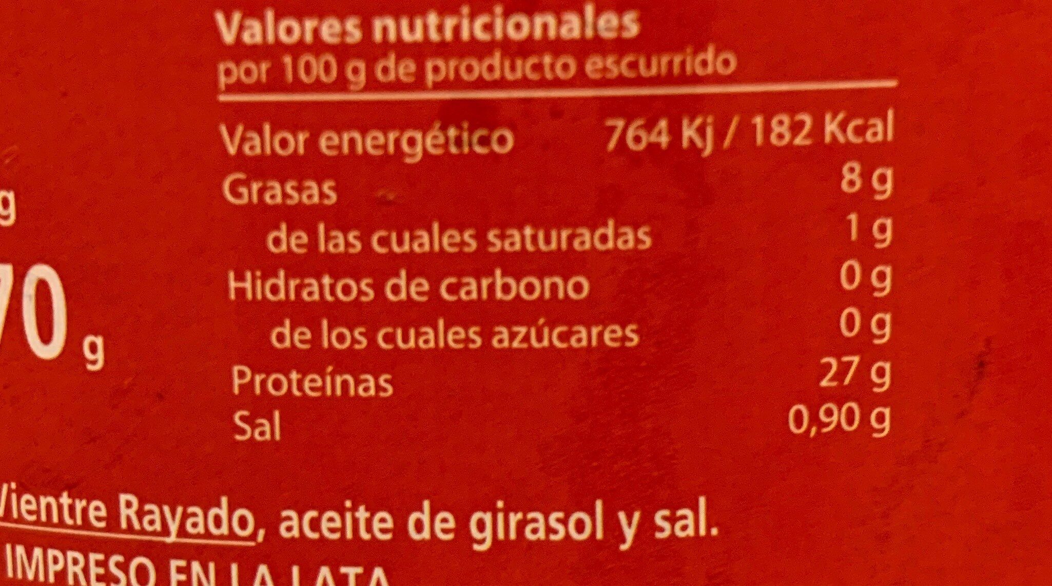 Filetes de bonito de vientre rayado en aceite de girasol - Nutrition facts - es