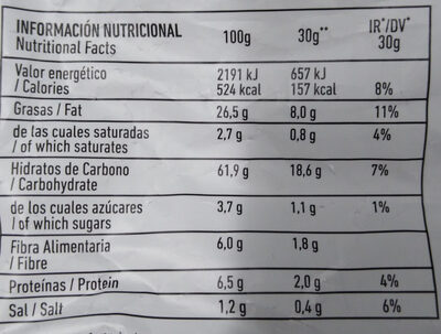 Mios! chips de maíz y cebolla con sal marina sin gluten - Tableau nutritionnel