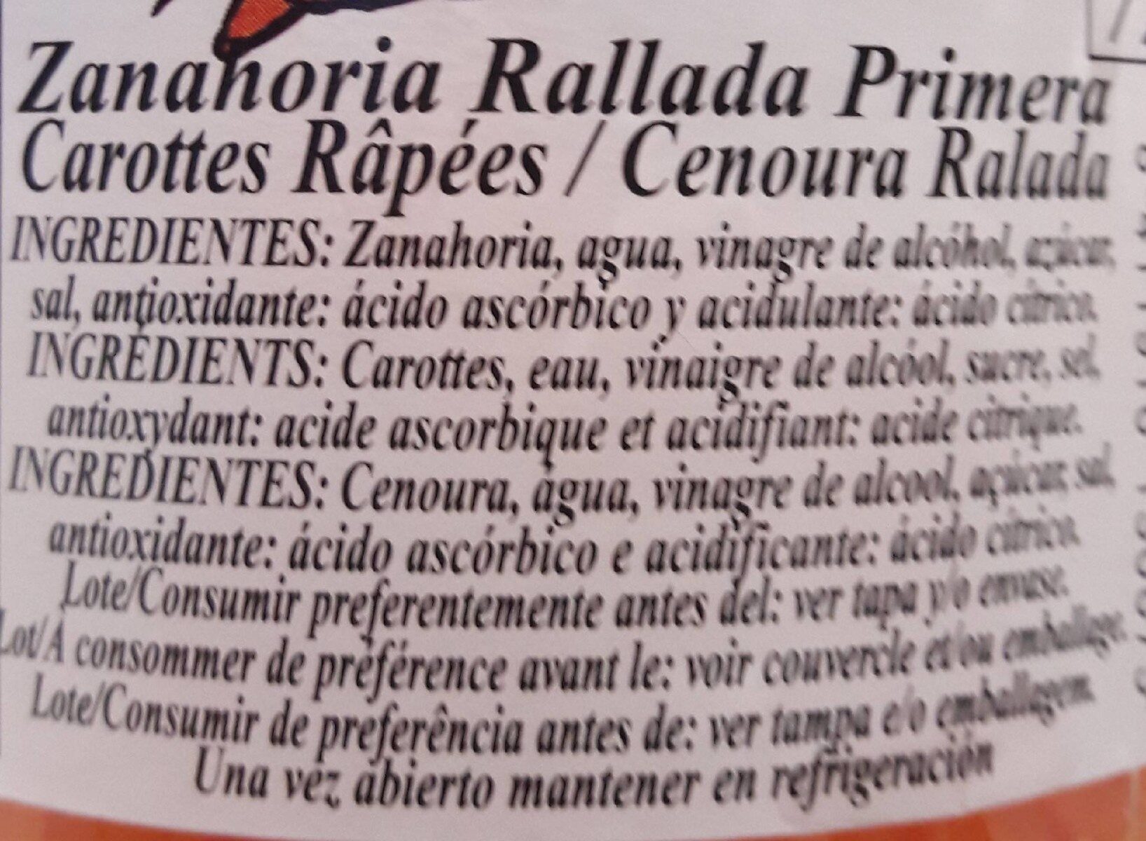 Zanahoria Rallada Primera Tarro - Ingredients - fr