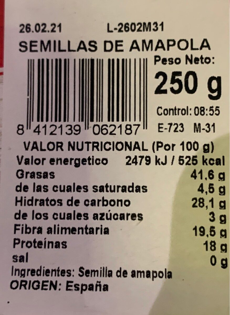 semillas de amapola - Información nutricional
