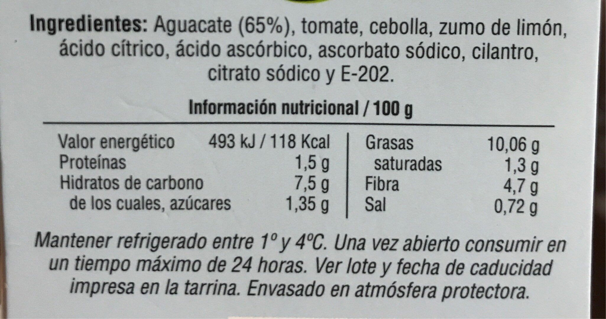Guacamole original mexicano - Nutrition facts - es