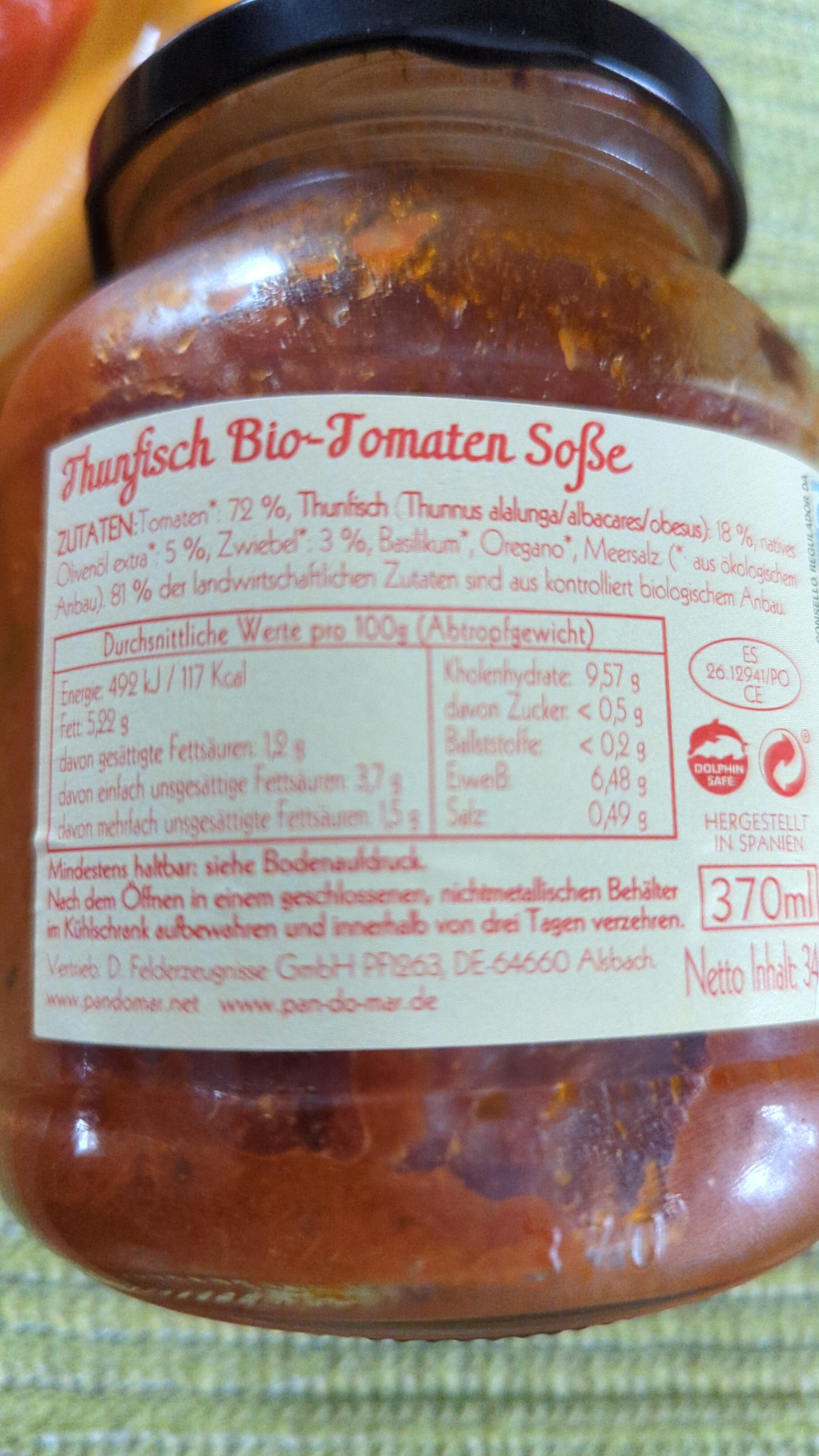 Thunfisch Bio Tomaten Soße - Nährwertangaben