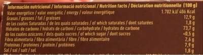 Núria chocolate sin azúcar - Nutrition facts - es
