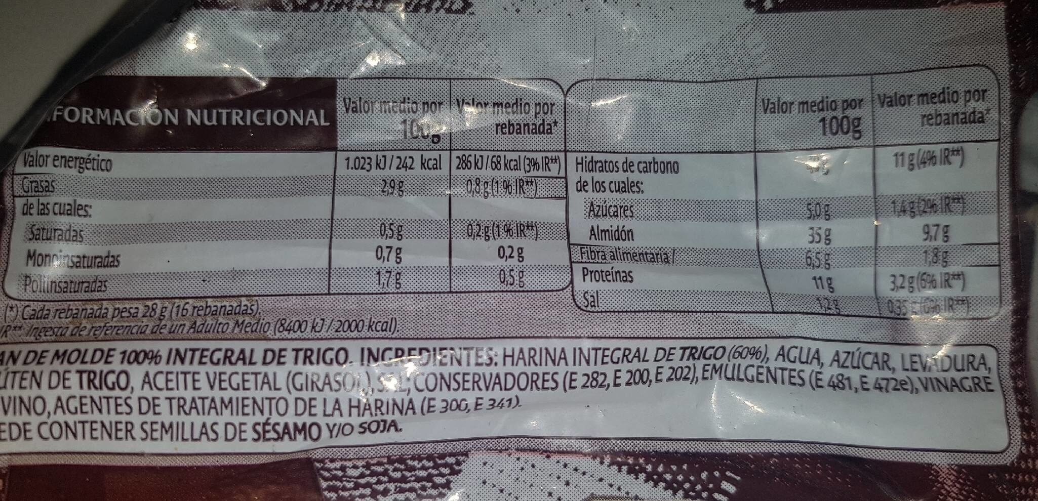 Pan integral de trigo - Informació nutricional - es
