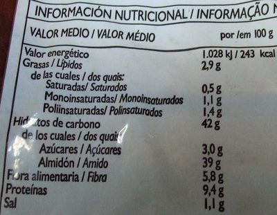 Pão de forma integral - Informació nutricional - pt