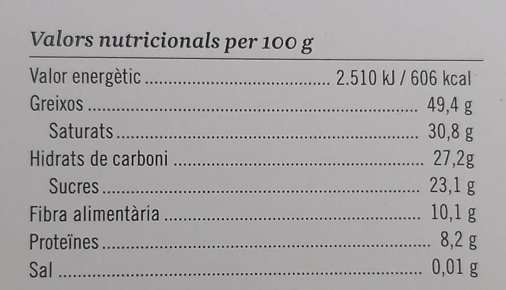 Xocolata ecològica Alemany - Información nutricional