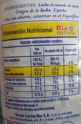 Leche desatada RIO NATURA - Nutrition facts - es