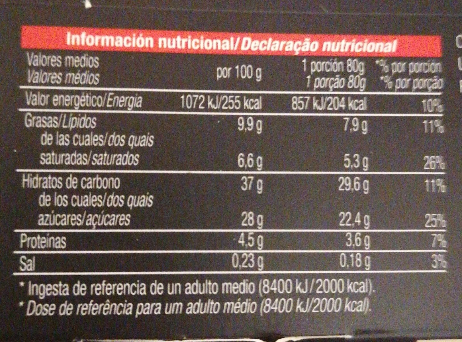 Tiramisú - Nutrition facts - es