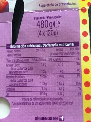 Yogur desnatado 0% sabores 2 fresa + 2 plátano - Nutrition facts - fr