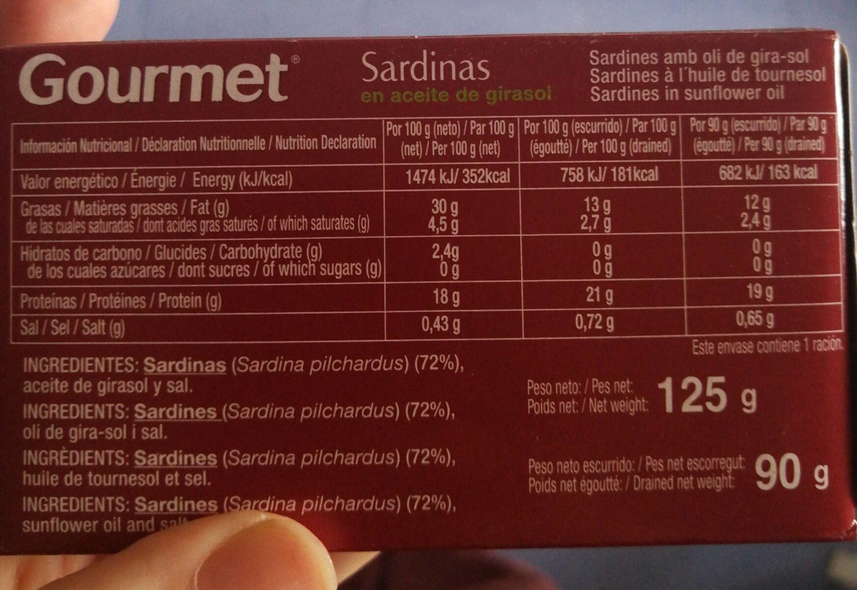 Sardinas en aceite de girasol - Información nutricional
