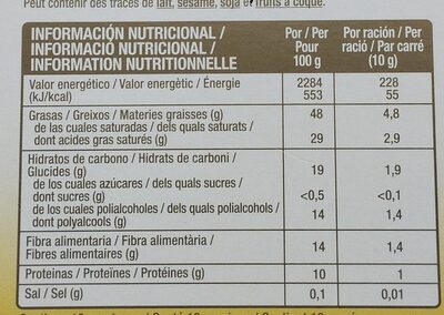 Chocolate negro 85% edulcorado - Información nutricional