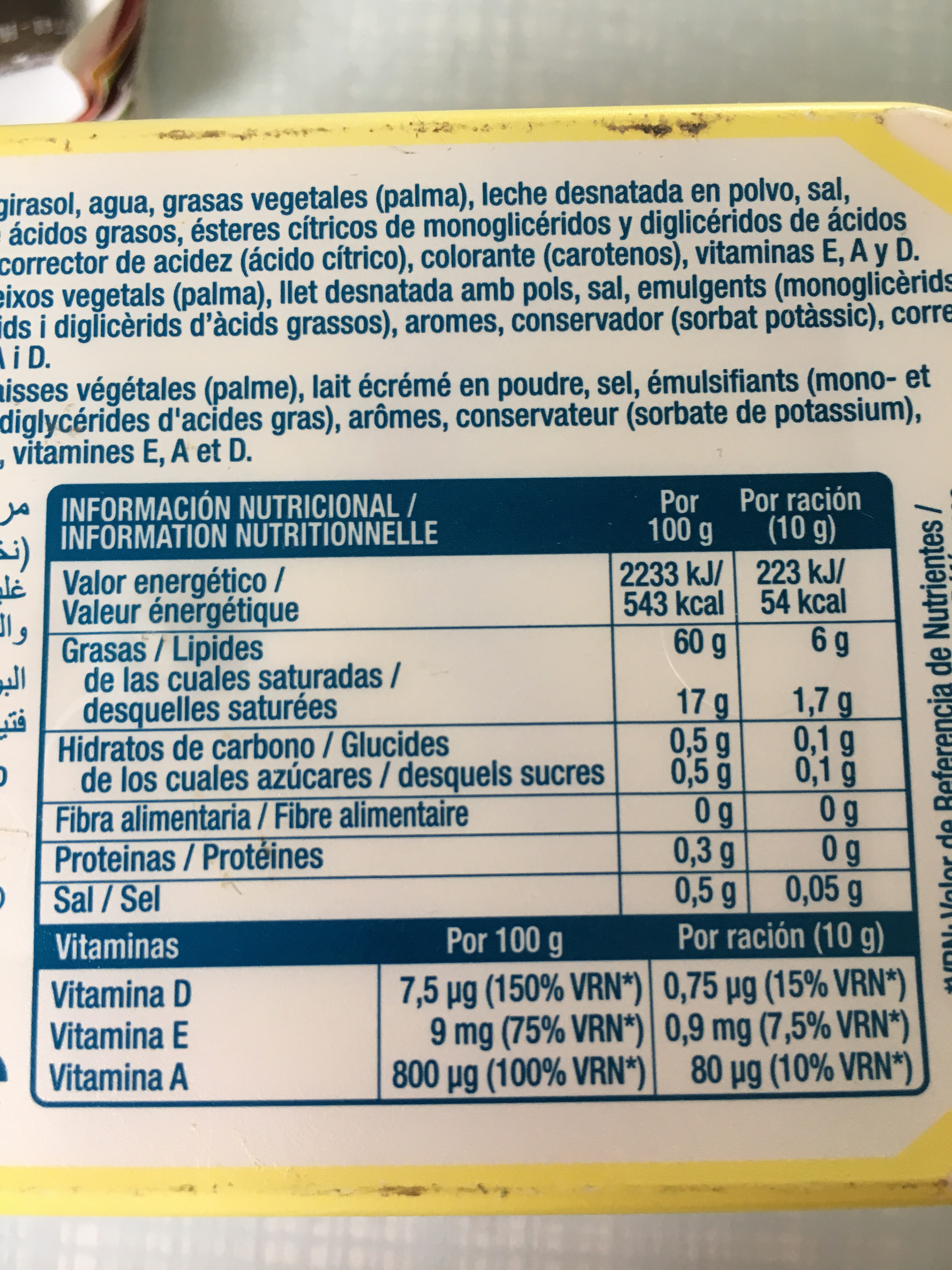 Margarina 3/4 vegetal - Tableau nutritionnel
