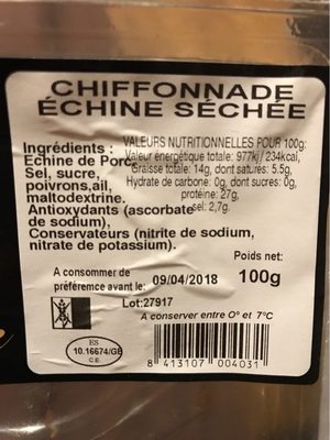Chiffonade - Échine Séchée - Nutrition facts