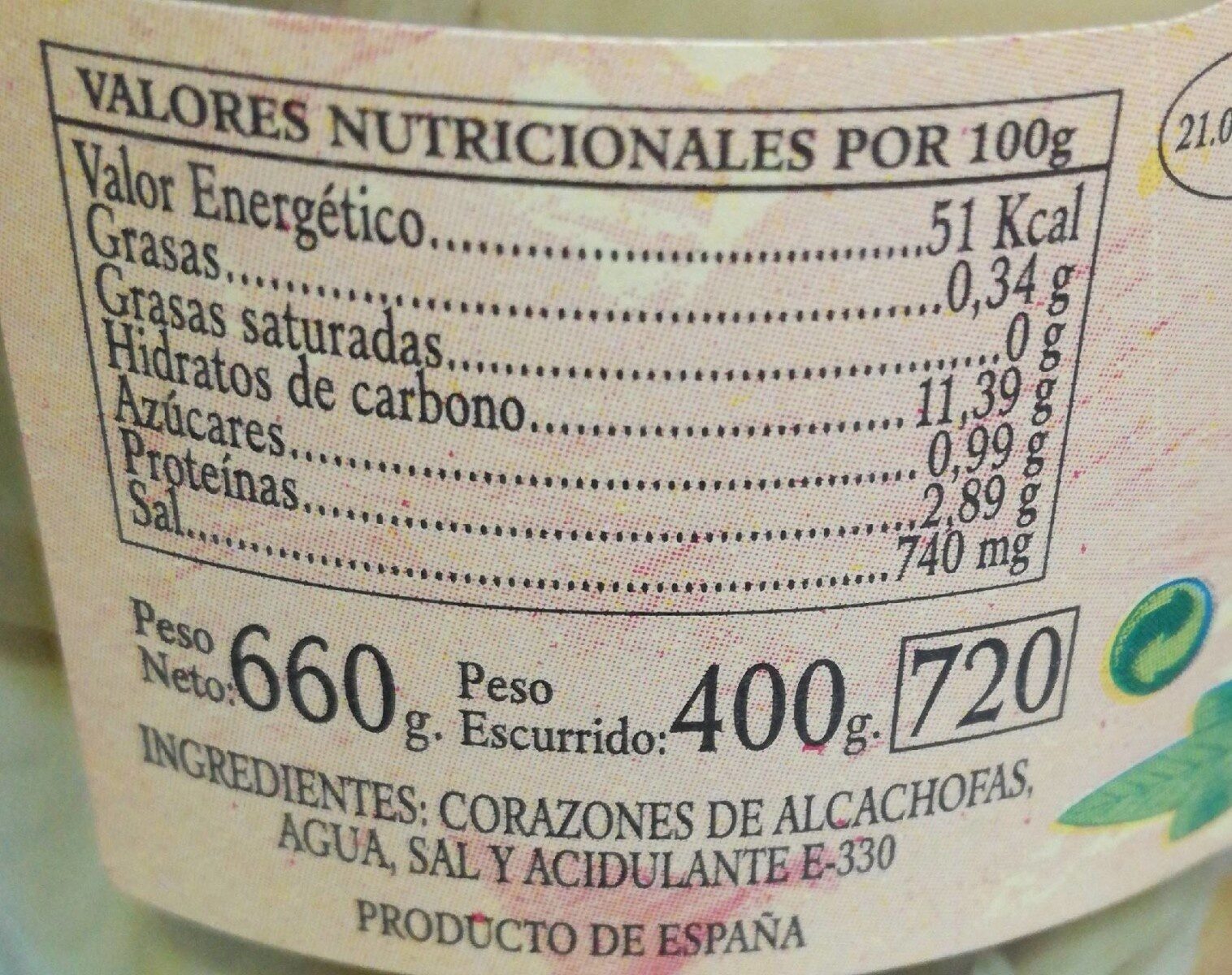 Corazones de alcachofa - Informació nutricional - es